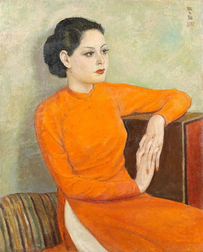 Bức họa Femme a la robe orange của họa sĩ Mai Trung Thứ thực tế có nhân vật nữ bận áo dài màu cam. (Ảnh: Wikipedia/Pinterest)