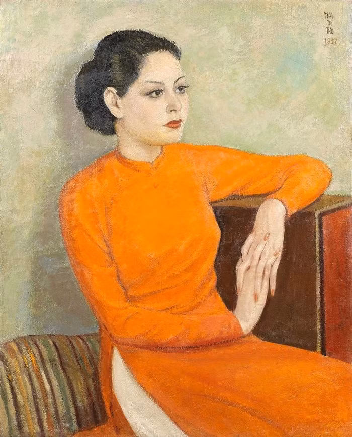 Bức họa Femme a la robe orange của họa sĩ Mai Trung Thứ thực tế có nhân vật nữ bận áo dài màu cam. (Ảnh: Wikipedia/Pinterest)