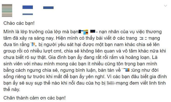 Lớp trưởng của Mai đề nghị mọi người không xuyên tạc, suy diễn ác ý về cái chết của bạn mình, khi sự việc chưa được làm rõ. (Ảnh: Chụp màn hình)