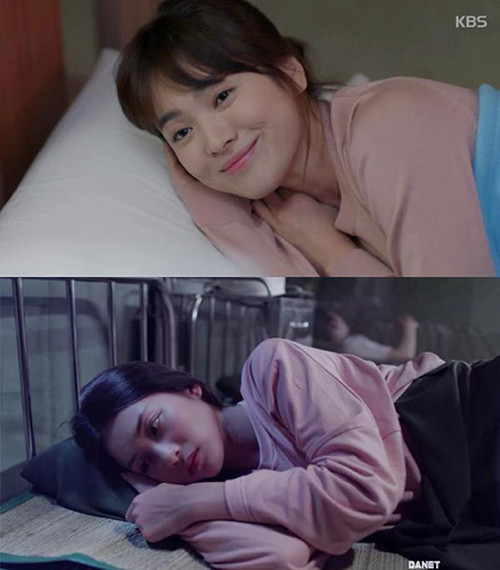 Áo nỉ hồng Khả Ngân sử dụng trong một cảnh quay không khác là bao so với trang phục Song Hye Kyo đã mặc trong cảnh quay tương tự. 