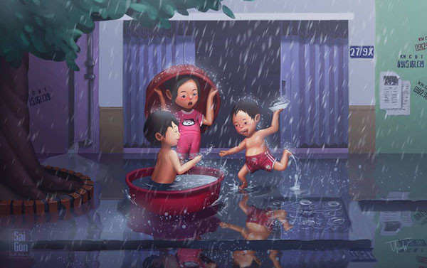Những đứa trẻ thích thú tắm mưa. Những đứa trẻ thích thú tắm mưa.
