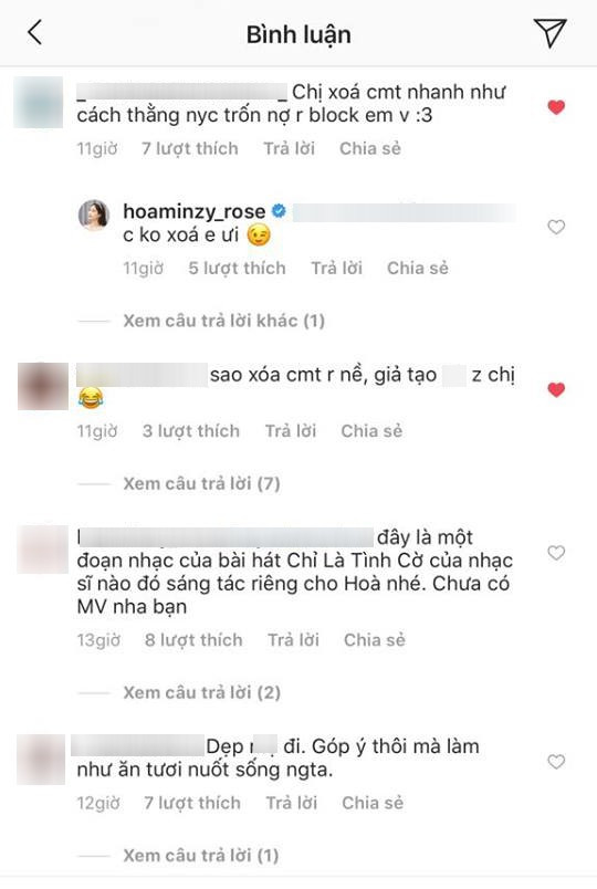Sau đó, dù bình luận của Hòa và bạn fan này đã biến mất nhưng cư dân mạng vẫn truy hỏi đến cùng. Đến lúc này nữ ca sĩ đã trả lời nhẹ nhàng hơn: "Chị không xóa em ơi."