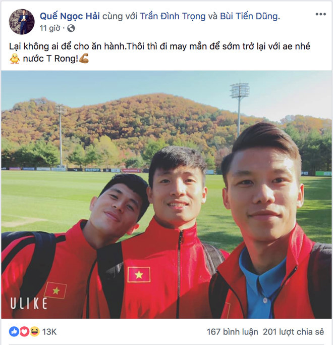 Người anh em thân thiết Quế Ngọc Hải cũng không quên gửi lời chào đến Đình Trọng. Họ đã sát cánh bên nhau ở tuyến phòng ngự và có giải đấu AFF Cup 2018 rất thành công. Tại Asian Cup 2019, Quế Ngọc Hải sẽ giữ vai trò đội trưởng.