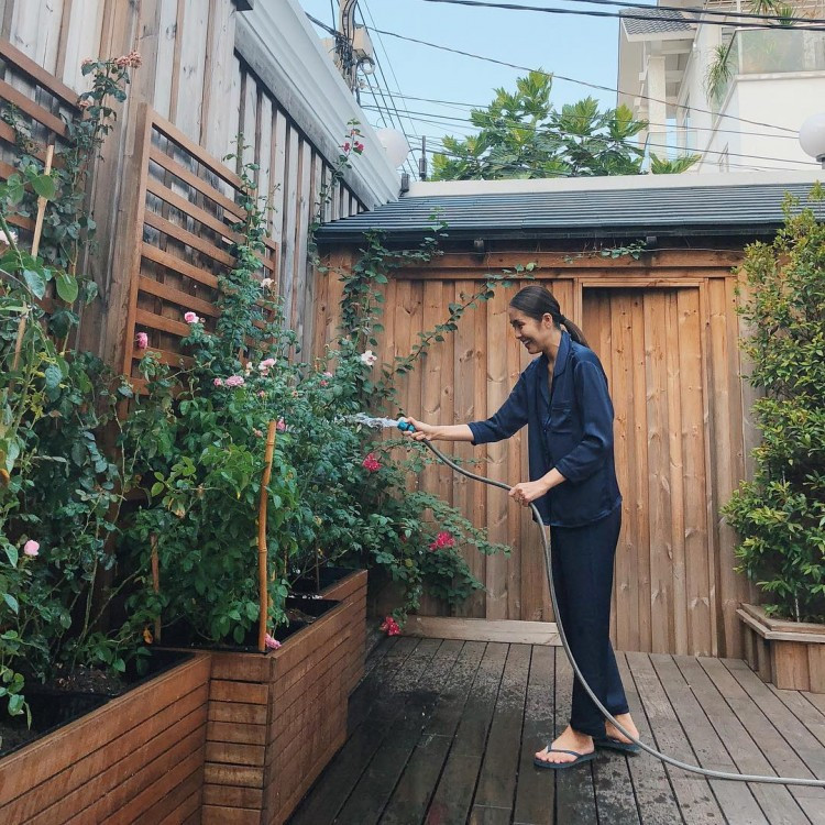 Cô nàng còn là một nhà làm vườn chính hiệu với những dàn hồng nở rộ cùng vườn rau sạch mướt mắt.