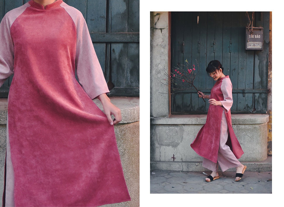 Tone hồng đất kết hợp với tone hồng pastel mang lại cho chiếc áo dài Mini-raglan nét nhẹ nhàng, bay bổng. (Ảnh: B&R)