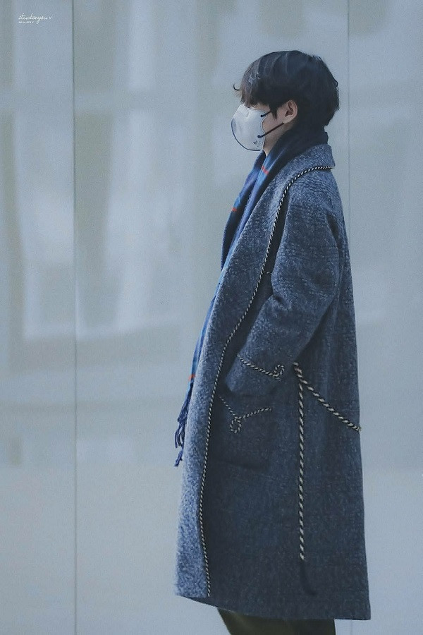 Trong lần ra sân bay ngày 30/12/2019, V tiếp tục chiếm spotlight của các thành viên BTS nhờ phong cách thời trang nổi bật. Chiếc áo khoác kẻ sọc màu lông chuột kết hợp khăn quàng cổ màu xanh đậm giúp V có vẻ ngoài ấm áp như 