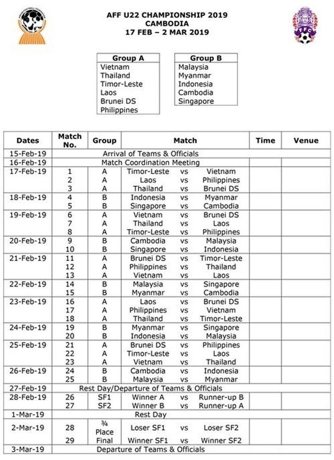 Lịch hoạt động của U22 Việt Nam tại giải Đông Nam Á 2019.