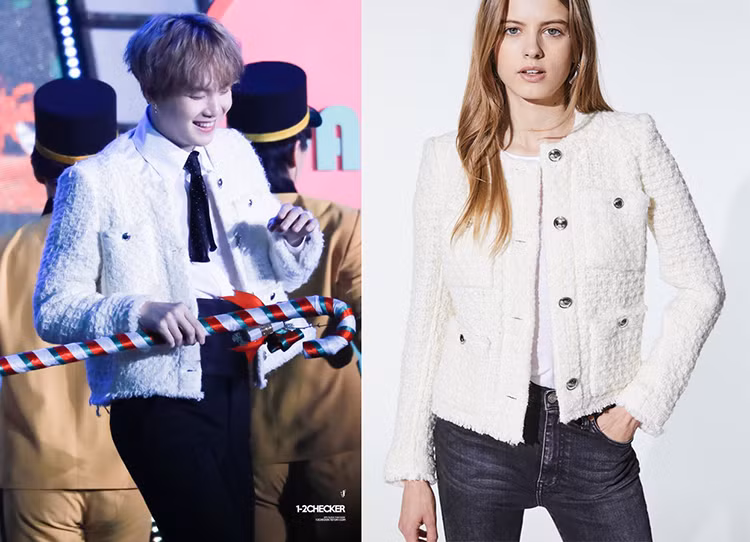 Suga lựa chọn áo khoác tông trắng tươi sáng và thiết kế sang chảnh này cũng được nhiều cô gái ưa chuộng. 