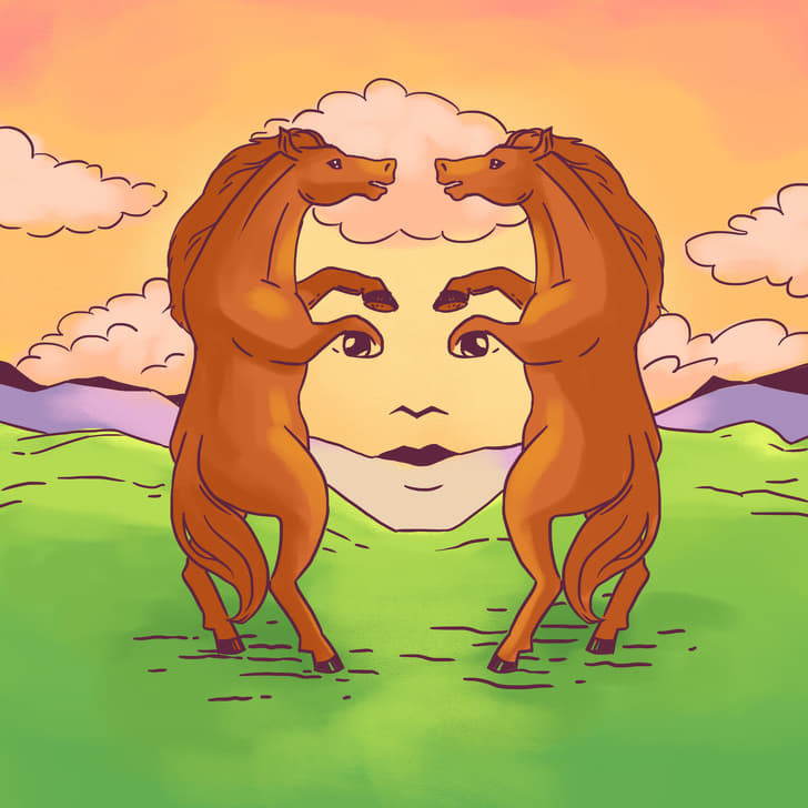 Hai con ngựa: Có vẻ như bạn đã mang một vết thương lòng từ trong quá khứ và hiện tại, bạn cố gắng tránh xa tình yêu. Khuôn mặt: Bạn có cách nhìn khá đơn giản về tình yêu: Tình yêu sẽ tìm đến bạn trên con đường mà bạn đang đi.