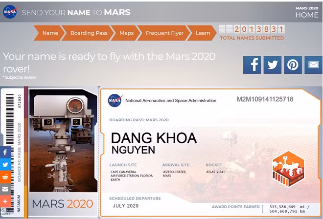 Tấm thẻ thông hành của người đăng ký gửi đến NASA. ẢNH: CHỤP MÀN HÌNH.