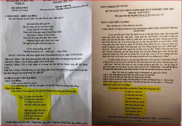 Phần làm văn đề thi môn Ngữ văn học kỳ 2 của phòng GD&amp;ĐT Yên Thành được cho là giống với đề thi của sở GD&amp;ĐT Nghệ An.