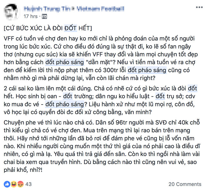 Có không ít ý kiến phản đối hành động đốt pháo sáng trên sân Mỹ Đình.
