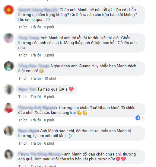 Bên cạnh những lời khen ngợi, người hâm mộ cũng rất lo lắng cho chấn thương của Mạnh.