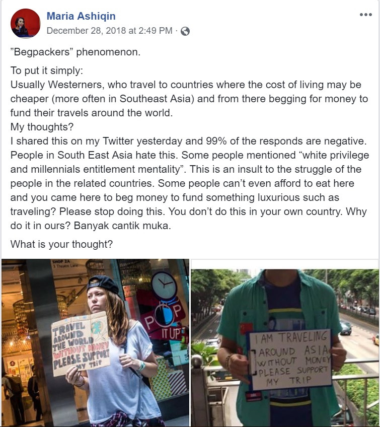 Bài đăng trên trang cá nhân của Maria Ashiqin