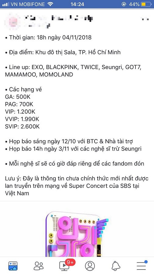 Tin tức được lan truyền trên một fanpage rất nổi tiếng trong cộng đồng K-Pop fan Việt.