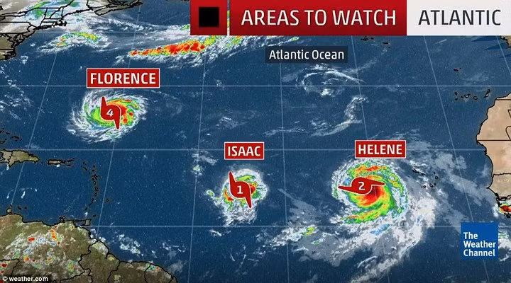 Nước Mỹ đang gồng mình chuẩn bị đón siêu bão cấp 4 (theo thang của Mỹ) mang tên Florence và phải đề phòng 2 cơn bão khác nối đuôi phía sau trên Đại Tây Dương là Issac và Helene (mạnh cấp 2).