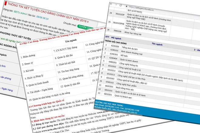 Thông báo tuyển sinh CĐ của các trường ĐH. Ảnh: Chụp màn hình.