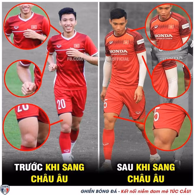 Người hâm mộ minh họa "có tâm" cho sự thay đổi của Văn Hậu trước và sau khi sang châu Âu thi đấu. Ảnh: Ghiền bóng đá.