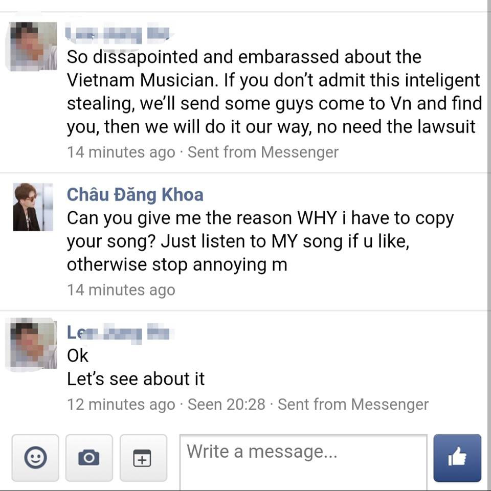 Cuộc đối thoại của cả hai dần trở nên khá căng thẳng khi người này có vẻ như không kìm được sự tức giận và gay gắt: "Tôi thấy thất vọng và e ngại về nhạc sĩ Việt Nam. Nếu bạn không thừa nhận đã đạo nhái, chúng tôi sẽ gửi vài người tới Việt Nam và tìm bạn. Sau đó, chúng tôi sẽ xử lý theo cách riêng, không cần phải nhờ tới pháp luật".