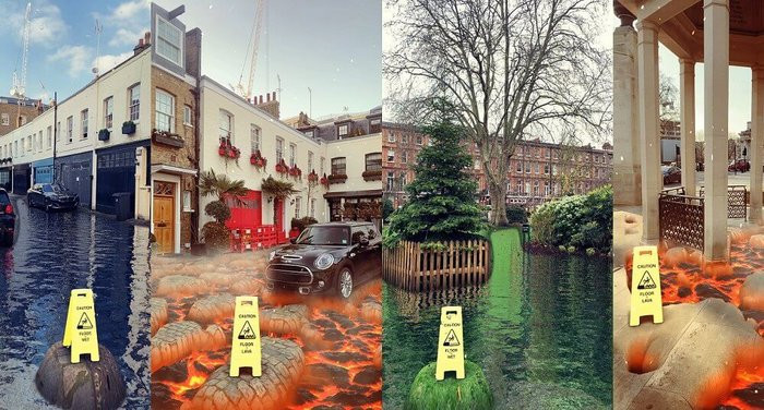 Với hiệu ứng mới này của Snapchat, bạn có thể tha hồ biến mọi mặt sân, đường phố thành dòng sông hoặc núi lửa mà chẳng hề nguy hại đến ai. (Ảnh: Snapchat)