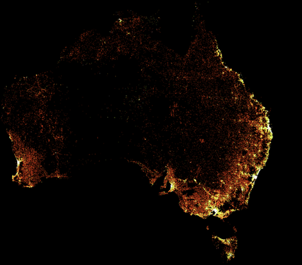 Bản đồ mật độ dân số nữ trong độ tuổi sinh sản (15-49) tại Úc.
