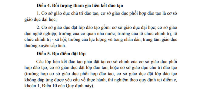 Điều 5 Thông tư 07 ngày 15/3/2017 của Bộ GD-ĐT quy định về liên kết đào tạo trình độ đại học có nói rõ về địa điểm đặt lớp Ảnh: Chụp màn hình. Điều 5 Thông tư 07 ngày 15/3/2017 của Bộ GD-ĐT quy định về liên kết đào tạo trình độ đại học có nói rõ về địa điểm đặt lớp Ảnh: Chụp màn hình.