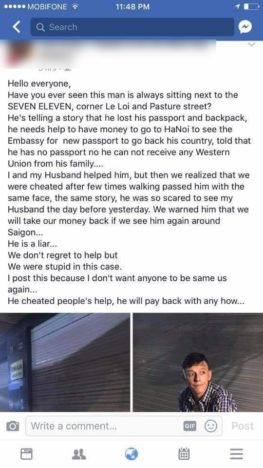 Ảnh bài đăng cảnh báo của anh T.