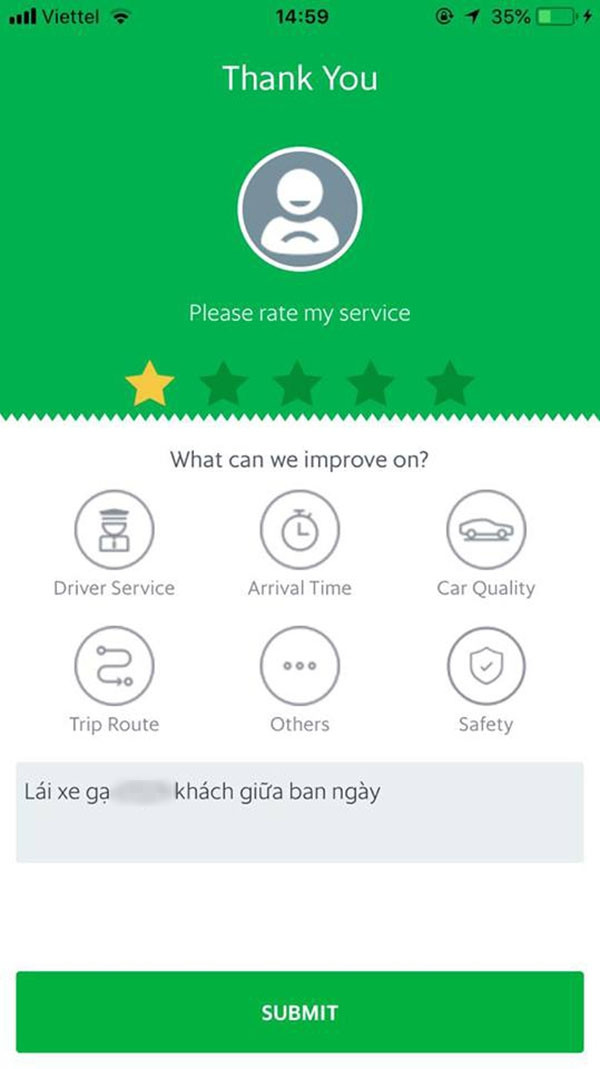 Cô gái đã đánh giá tài xế này 1 sao.