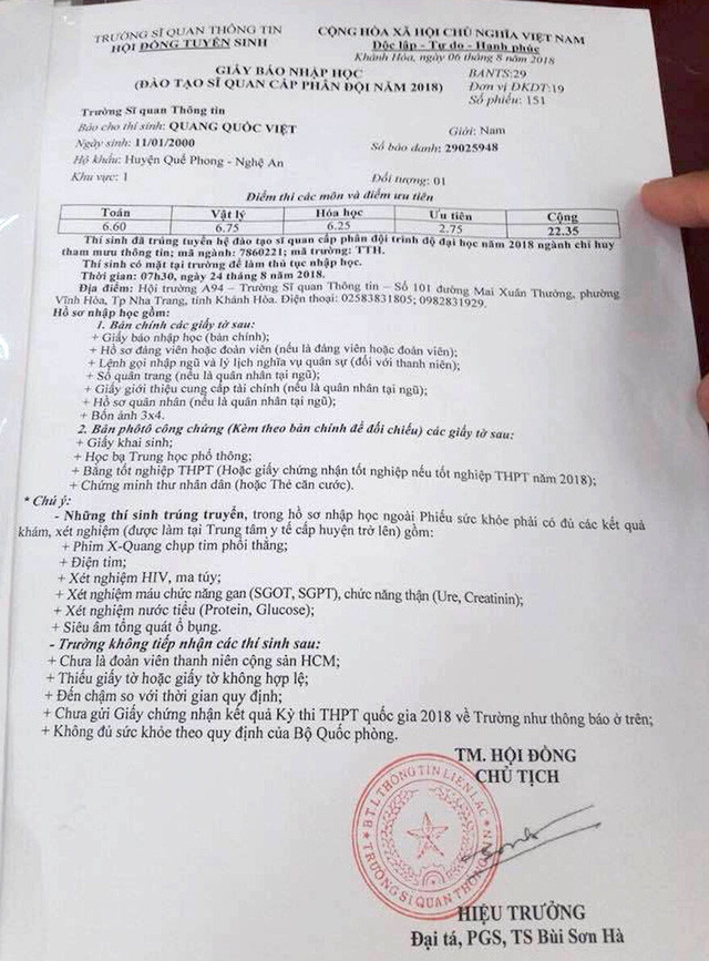 Ngày 6/8/2018, Trường sĩ quan Thông tin có giấy báo nhập học đối với Việt.