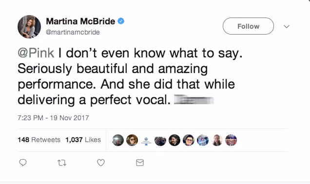 Martina McBride khen ngợi P!nk hát quá hoàn hảo.