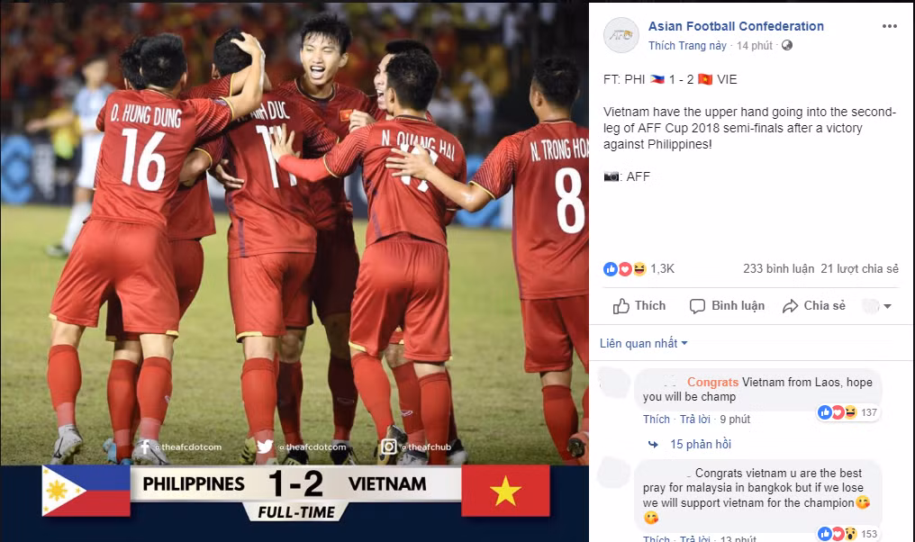 Trên fanpage Liên đoàn Bóng đá Châu Á, đội tuyển Việt Nam nhận được sự kỳ vọng của người hâm mộ quốc tế.