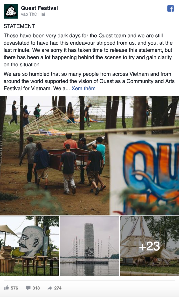 Bài đăng trên fanpage của Quest Festival.