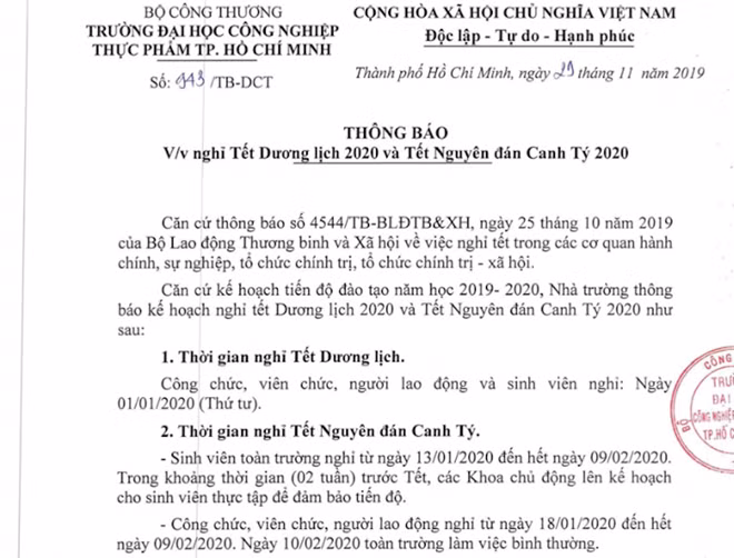Trường ĐH Công nghiệp thực phẩm TP.HCM cho sinh viên nghỉ tết 28 ngày. Ảnh: T.K.