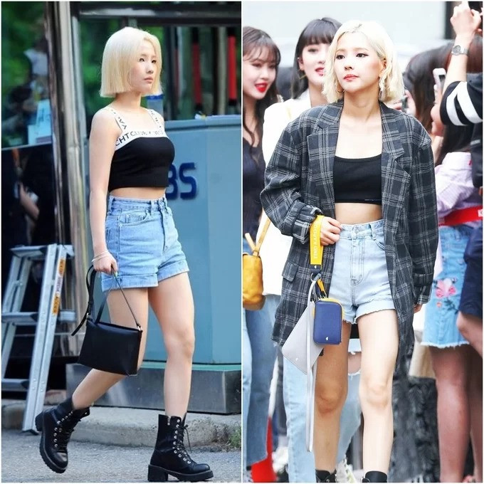 Trưởng nhóm So Yeon có phong cách sang chảnh giống các cô gái Âu Mỹ. Cô nàng rất chuộng cách diện croptop kết hợp quần shorts, đi kèm khuyên tai to bản cùng boots hầm hố. Lối mặc này trông năng động, lại giúp cô nàng khoe eo, khoe chân hiệu quả.