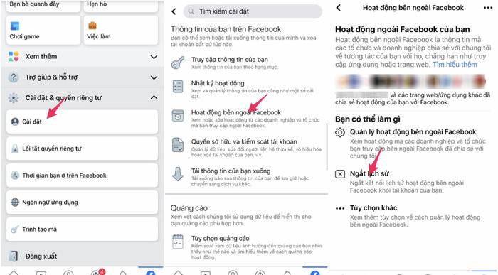 Để sử dụng công cụ này, bạn cần vào mục Settings (cài đặt) > Your Facebook Information (Thông tin Facebook của bạn) > Off-Facebook Activity (Hoạt động bên ngoài Facebook) > Clear History (Ngắt lịch sử).