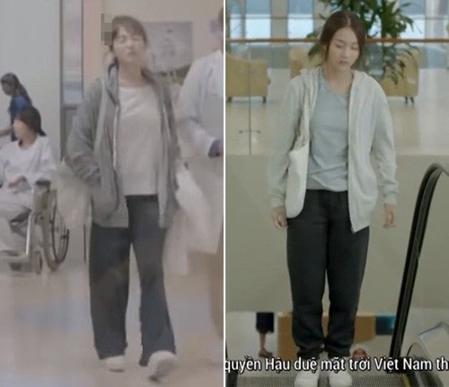 Ngay cả bộ đồ lúc xuề xòa của Song Hye Kyo cũng được Khả Ngân copy hoàn hảo với combo áo phông, quần rộng, áo nỉ và túi tote vải.