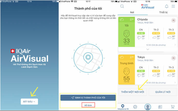 Nếu không bạn có thể chọn “Bỏ qua” > “Nhận cảnh báo ô nhiễm” > tại giao diện chính của ứng dụng chọn “Thêm một nơi mới”.