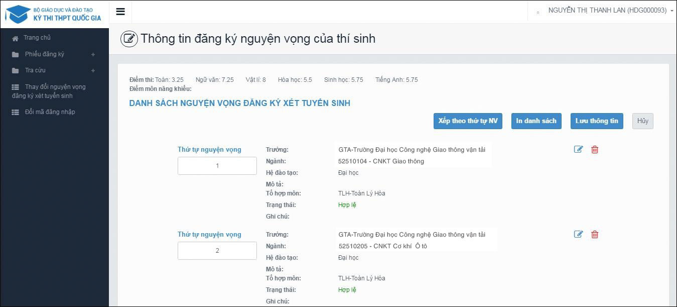 Giao diện Điều chỉnh nguyện vọng thông qua hệ thống. (Ảnh: Internet)