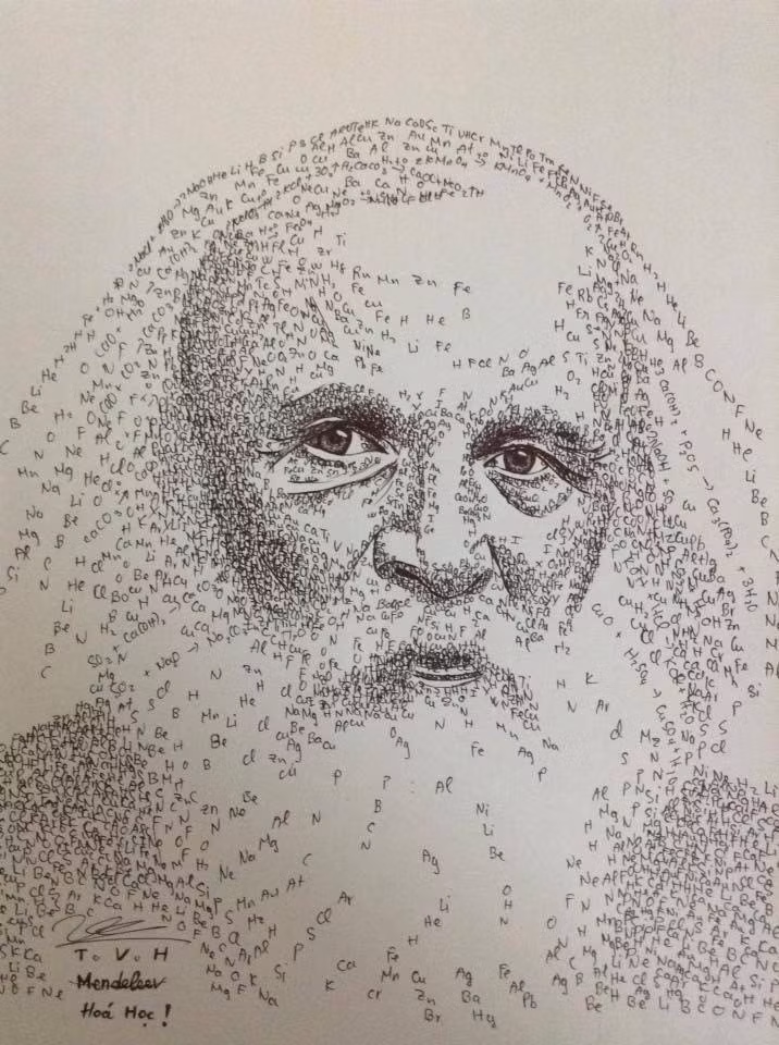 Chân dung Mendeleev được phác thảo khéo léo và tỉ mỉ bằng các nguyên tố Hóa học.