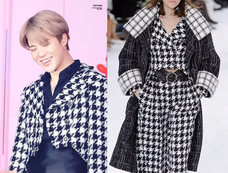 Ji Min mặc áo khoác vải tweed dáng croptop rất nữ tính nhưng không làm mất đi nét lịch lãm.