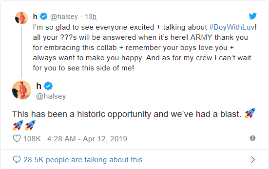 Không chỉ A.R.M.Y mà cả Halsey cũng rất phấn khích với cú "bắt tay" này giữa cô và BTS. Halsey đã gọi màn hợp tác này là một "cơ hội lịch sử" và "chúng ta đã tạo nên một vụ nổ".