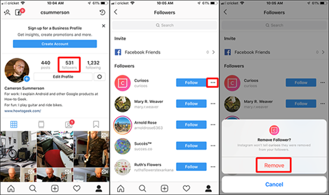 Các thao tác giúp bạn xóa ai đó đang theo dõi tài khoản của mình. ẢNH: CHỤP MÀN HÌNH.