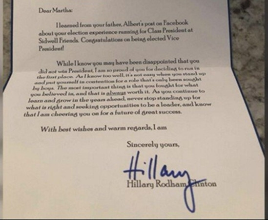 Bức thư của bà Hillary Clinton.