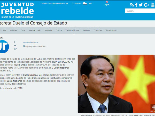 Báo Juventud Rebele của Cuba thông tin về quốc tang. (Ảnh chụp màn hình)