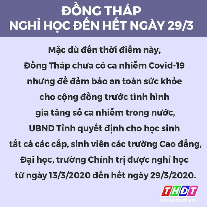 Thông báo nghỉ học được UBND tỉnh Đồng Tháp đưa ra trong ngày 12/3. (Ảnh: Truyền hình Đồng Tháp)