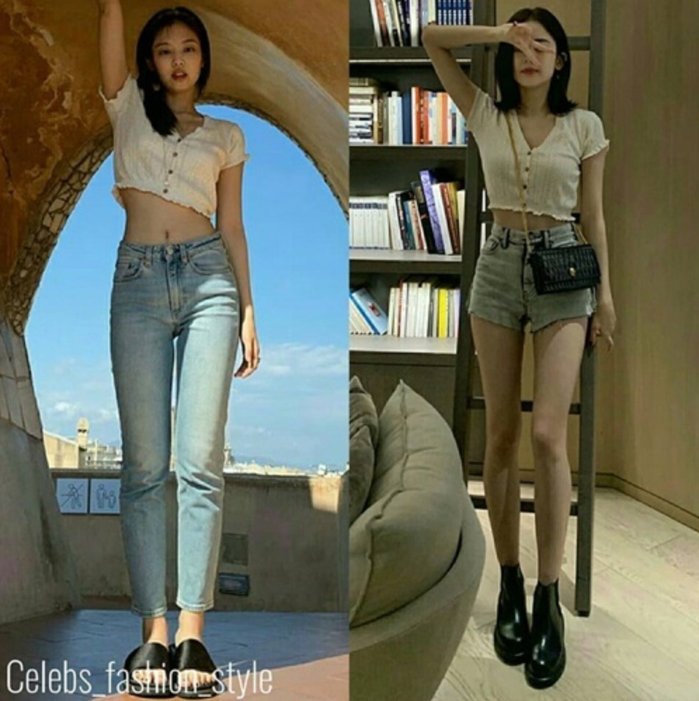 Jennie và Cổ Lực Na Trát (phải) đều sở hữu hình thể hoàn hảo. Ngôi sao xứ Trung chọn phong cách nữ tính còn Jennie hướng tới sự thoải mái khi mặc chung một chiếc áo.