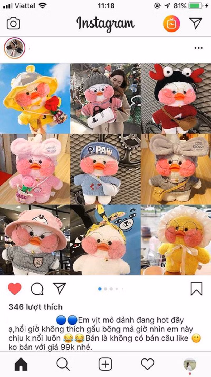 Chú vịt môi trề xuất hiện trên Instagram.