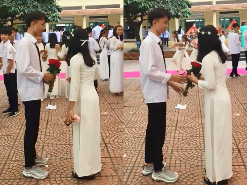Khoảnh khắc tỏ tình của nam sinh đã "đốn tim" dân mạng vì quá dễ thương và chân thành luôn nhé! (Ảnh cắt từ clip).