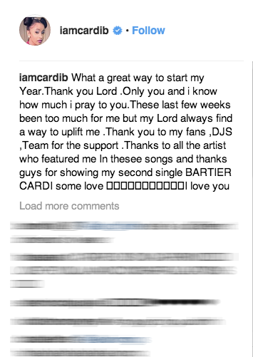 Cardi B đã vui mừng đăng tải những dòng cảm ơn đến fan, ekip sản xuất về món quà tuyệt vời này vào những ngày đầu năm mới.