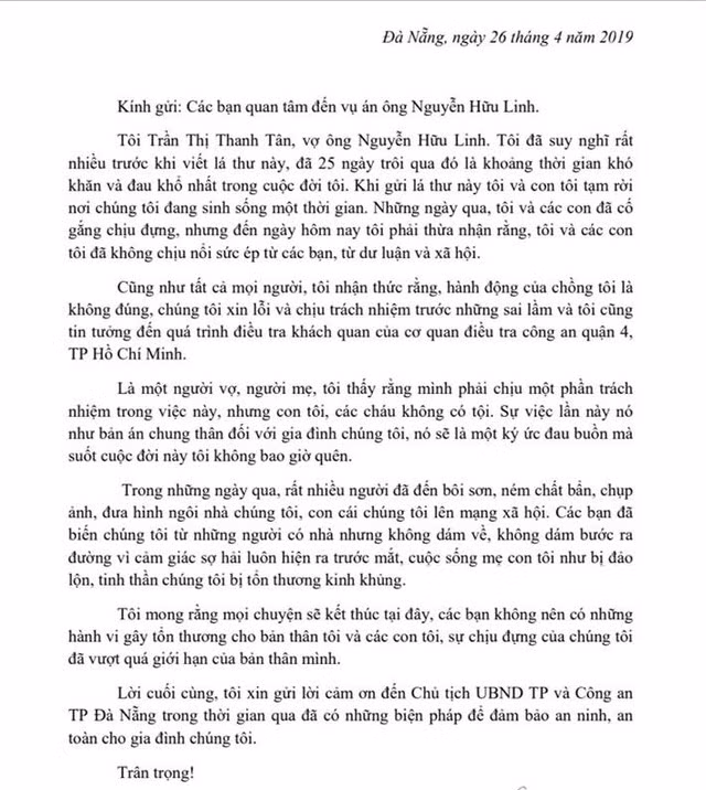 Tâm thư của vợ ông Nguyễn Hữu Linh.